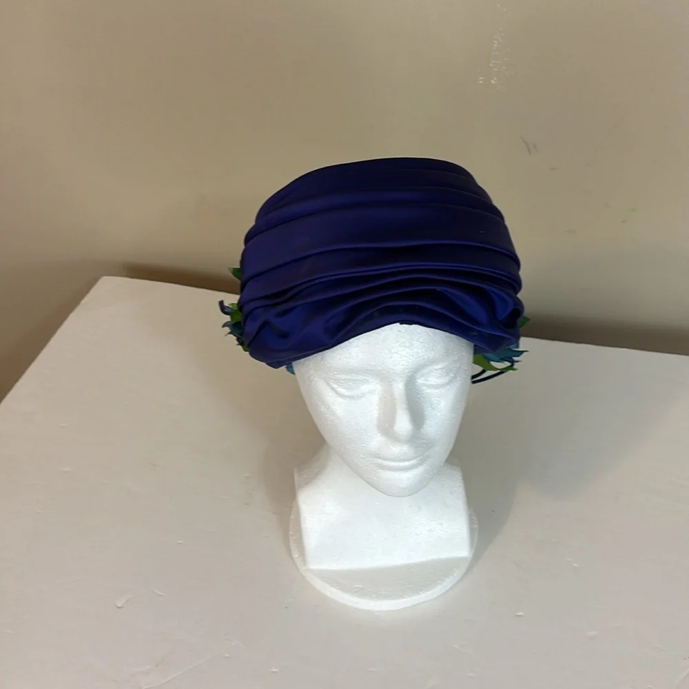 Vintage Royal Blue Satin Christine Original Hat with Leaves Accent